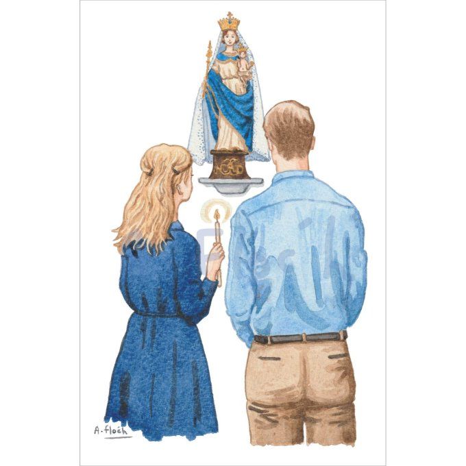 Aquarelle originale, couple de fiancés devant une statue de la Vierge