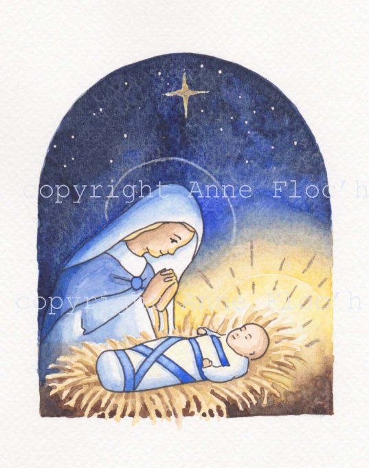 Aquarelle originale Marie et Jésus dans la Crèche